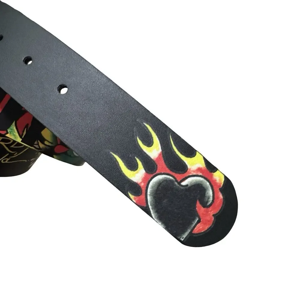 NWT Ed Hardy Men's Sz 40 Reversible Black Leather Belt Dragon Heart Skull Tattoo